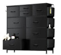 Black 10 drawer dresser with wood top and side hooks featuring woven fabric baskets for organized storage