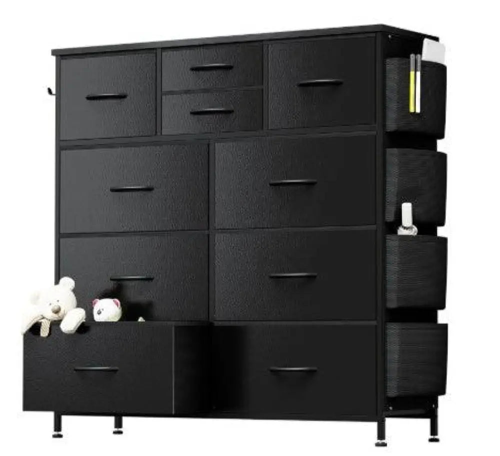 Black 10 drawer dresser with wood top and side hooks featuring woven fabric baskets for organized storage