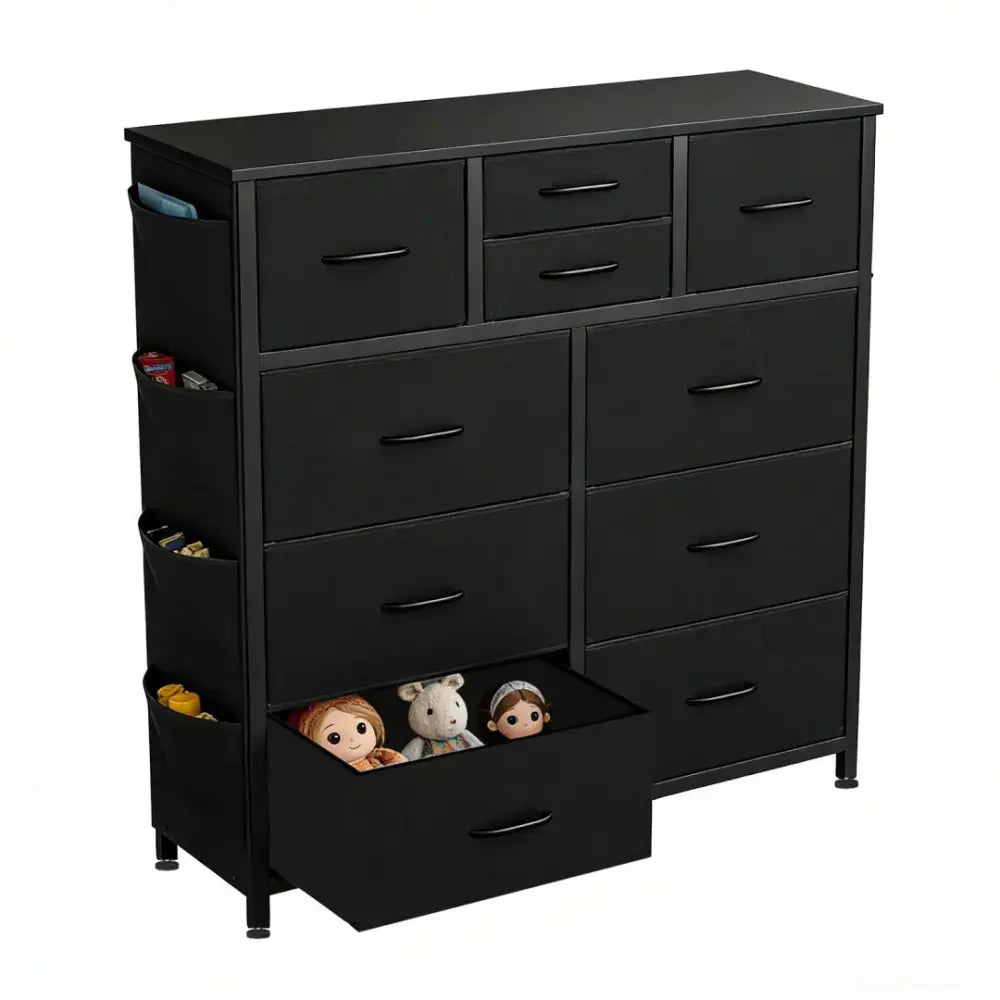 Black 10 drawer dresser with wood top featuring fabric-lined compartments and side storage hooks and pockets