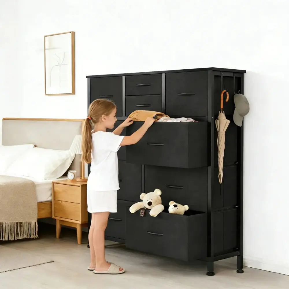 Black 10 drawer dresser with wood top featuring multi-drawer storage and side hooks for umbrella and hats