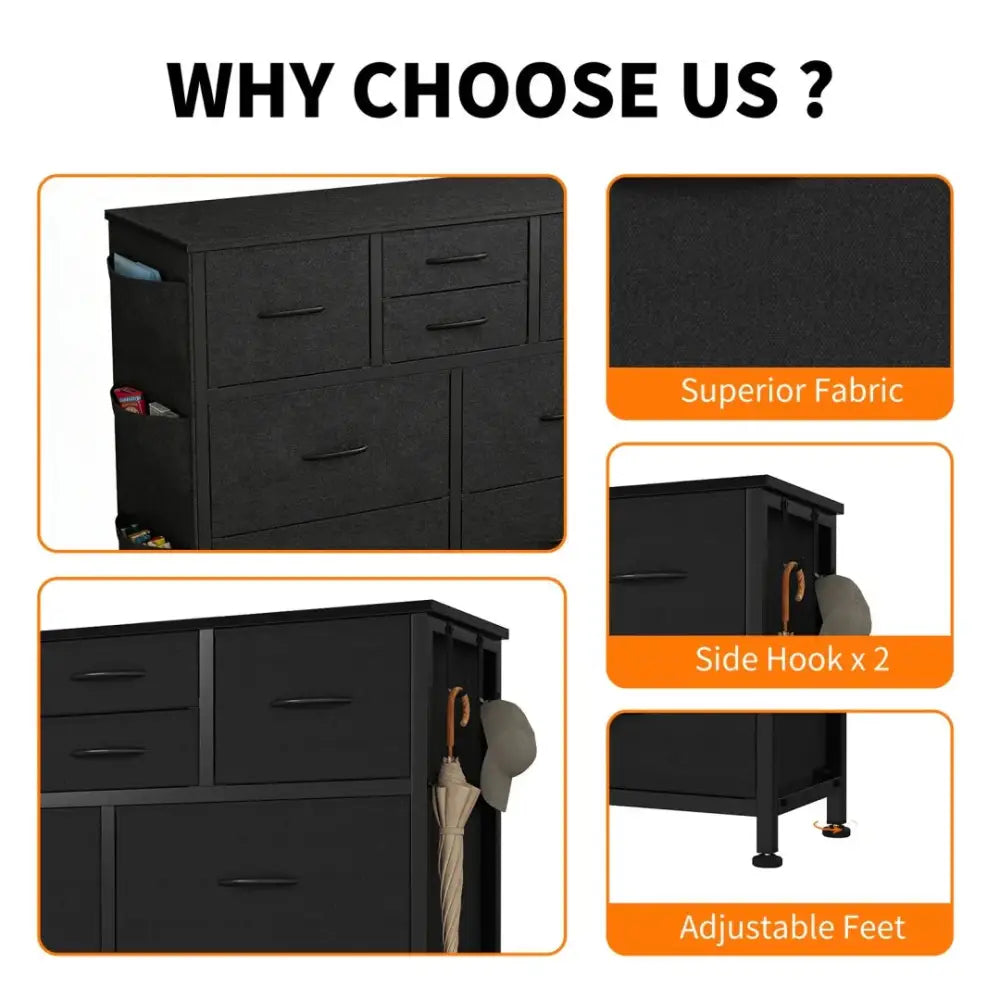 Black fabric 10 drawer dresser with wood top and side storage hooks featuring multiple drawers and side hooks