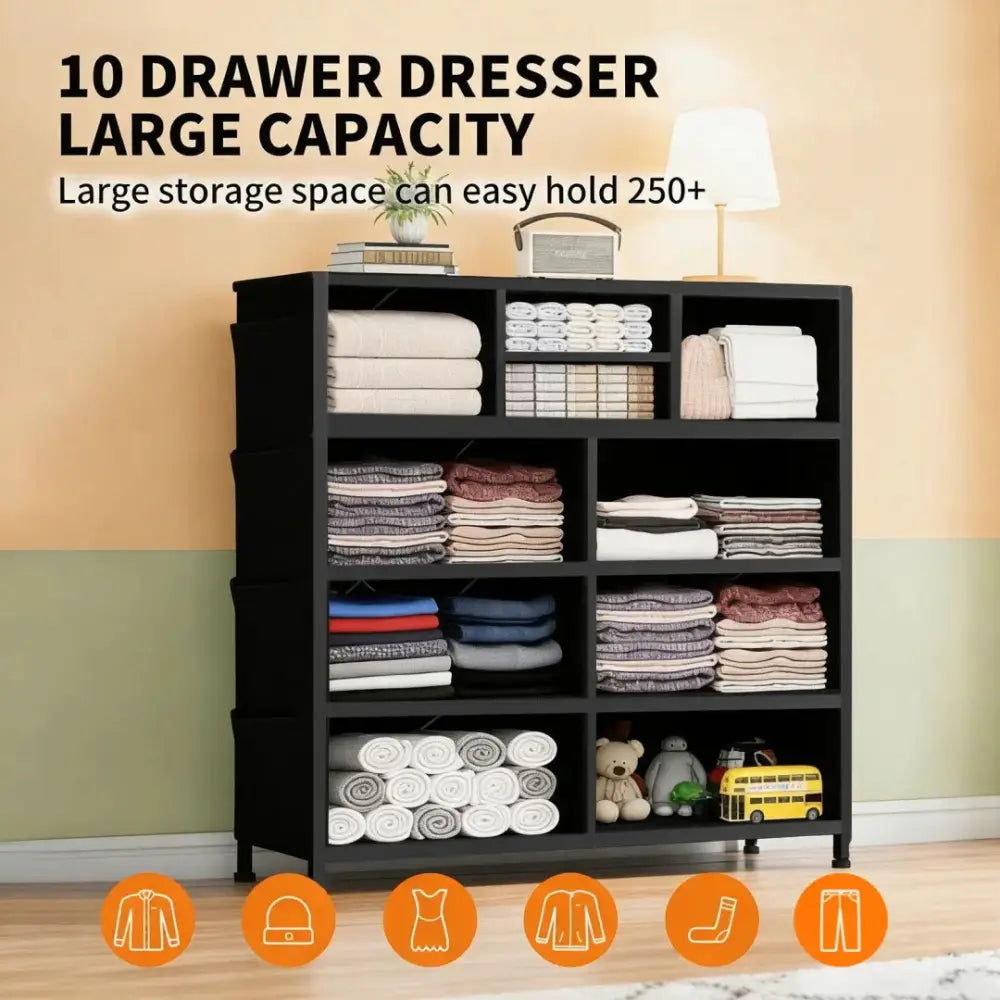 Black fabric 10 drawer dresser with wood top and side storage hooks for organized storage and multiple compartments
