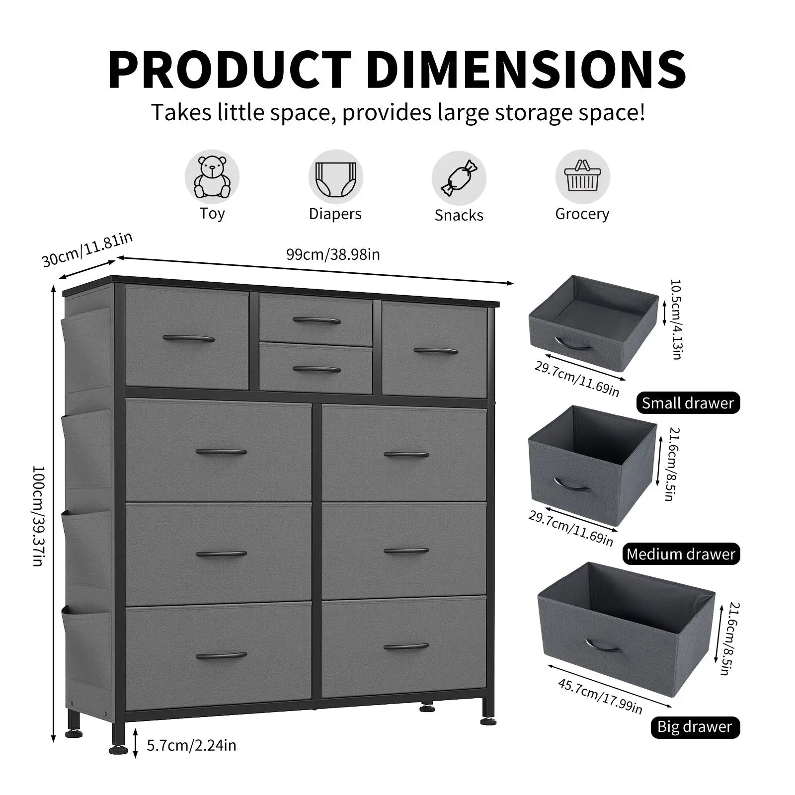 Gray fabric 10-drawer dresser with black metal frame handles side pockets and hooks for organized storage