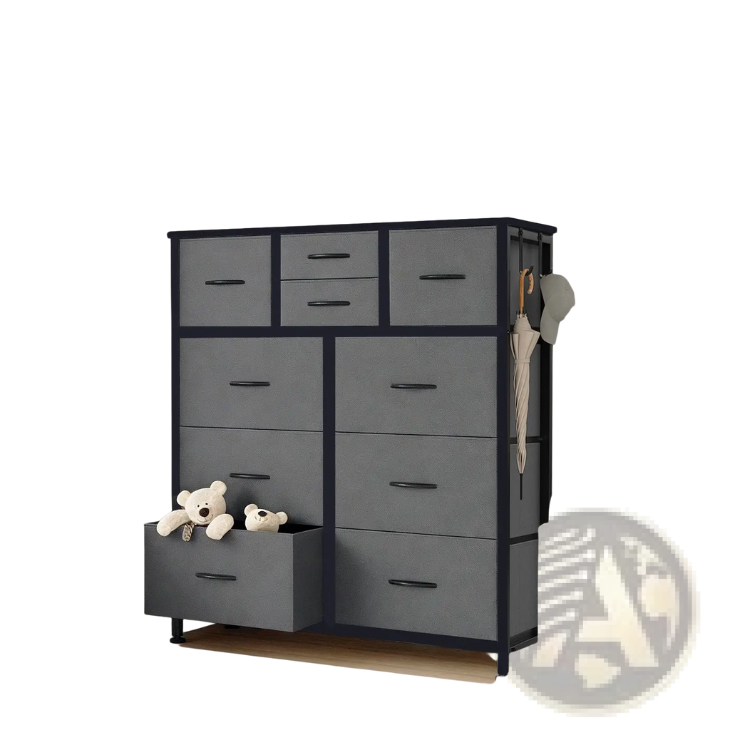 Gray fabric 10-drawer dresser with black metal frame handles side pockets and hooks for organized storage