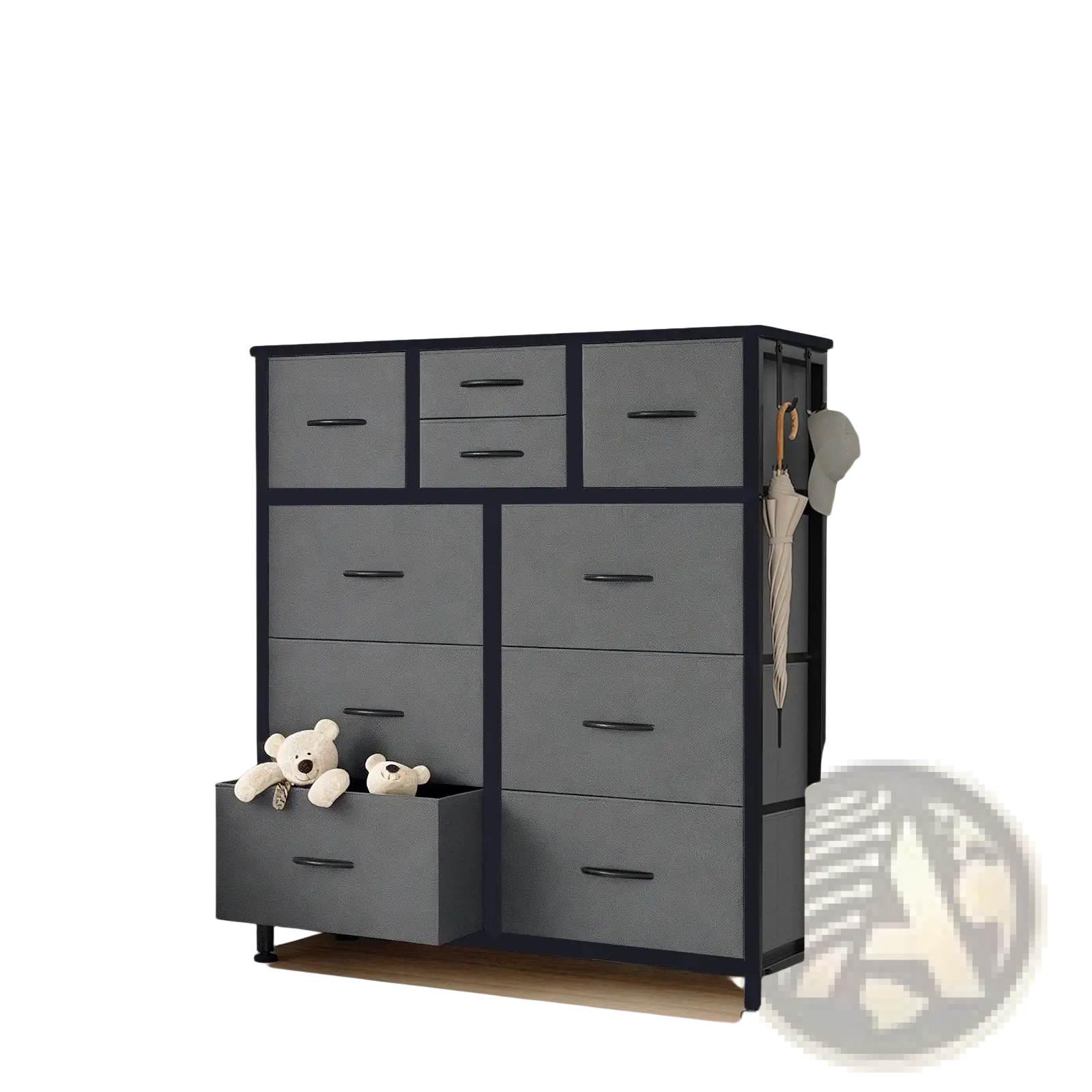 Gray fabric 10-drawer dresser with black metal frame handles side pockets and hooks for organized storage
