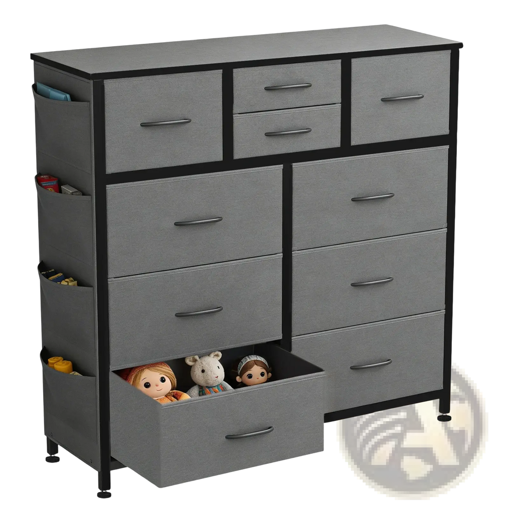 Gray fabric dresser with 10 drawers black metal frame handles side pockets and hooks for organized storage