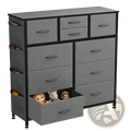 Gray fabric dresser with 10 drawers black metal frame handles side pockets and hooks for organized storage