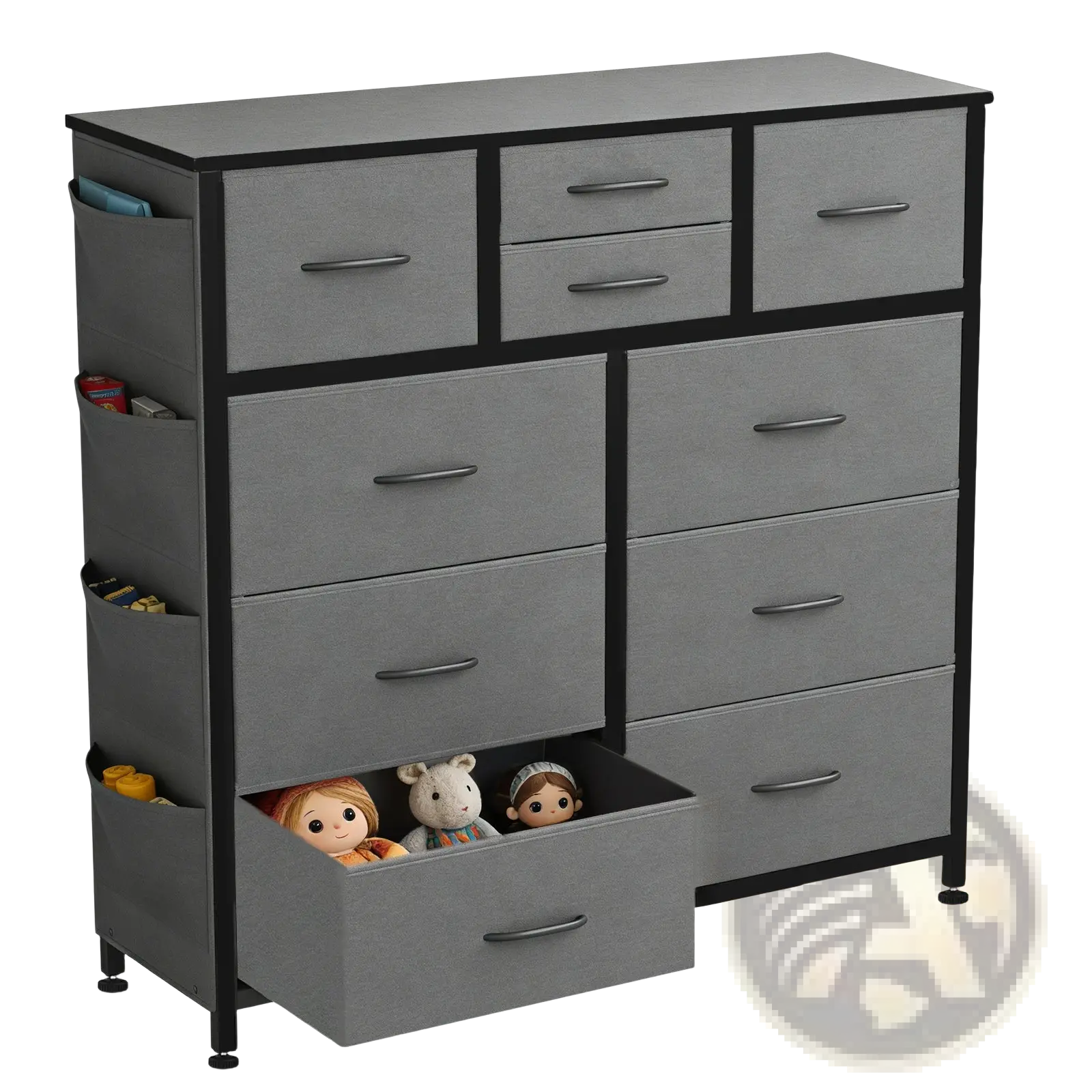 Gray fabric dresser with 10 drawers black metal frame handles side pockets and hooks for organized storage