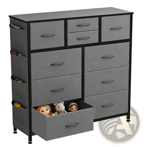Gray fabric dresser with 10 drawers black metal frame handles side pockets and hooks for organized storage