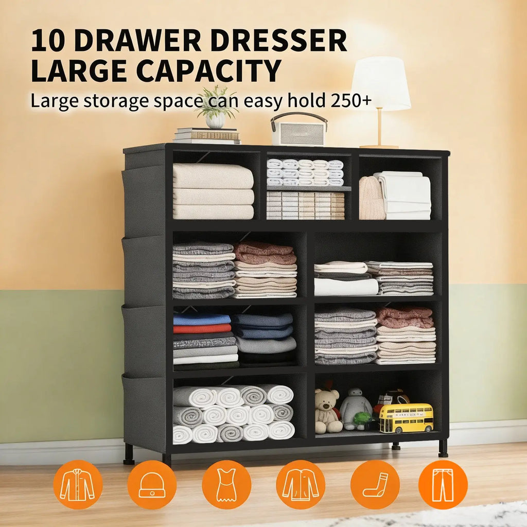 Black 10-drawer fabric dresser with side pockets hooks and sleek modern design for organized storage