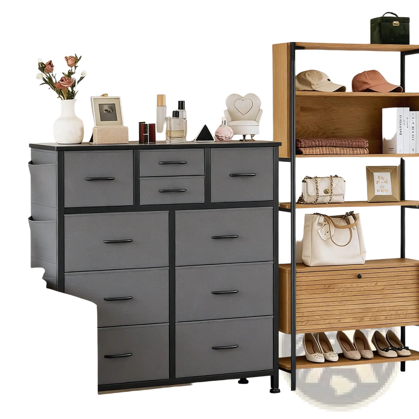Gray fabric dresser with 10 drawers black metal frame handles side pockets and hooks for organized storage