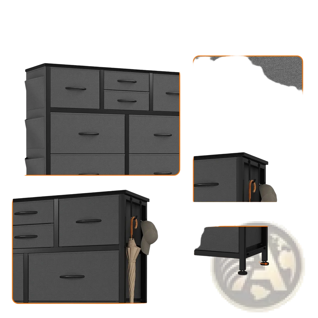 Dark gray 10-drawer fabric dresser with multiple drawers and side hooks for organized storage solutions