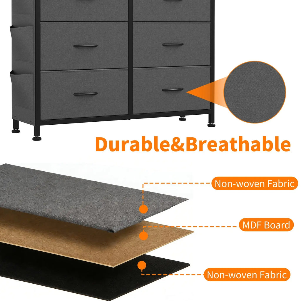 Gray six-drawer fabric dresser with black metal legs and handles made from non-woven fabric over MDF board