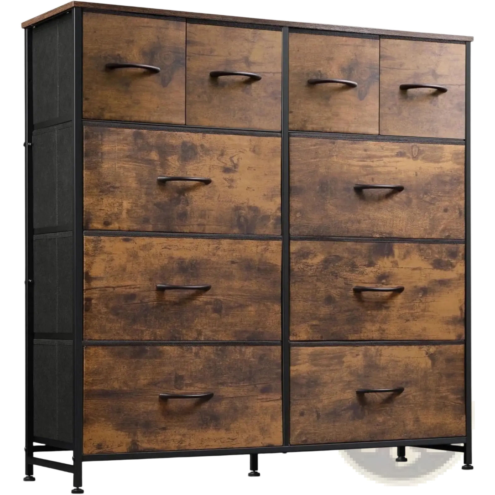 Rustic brown wooden 10 drawer fabric dresser storage cabinet with black metal frame and handles for organized storage