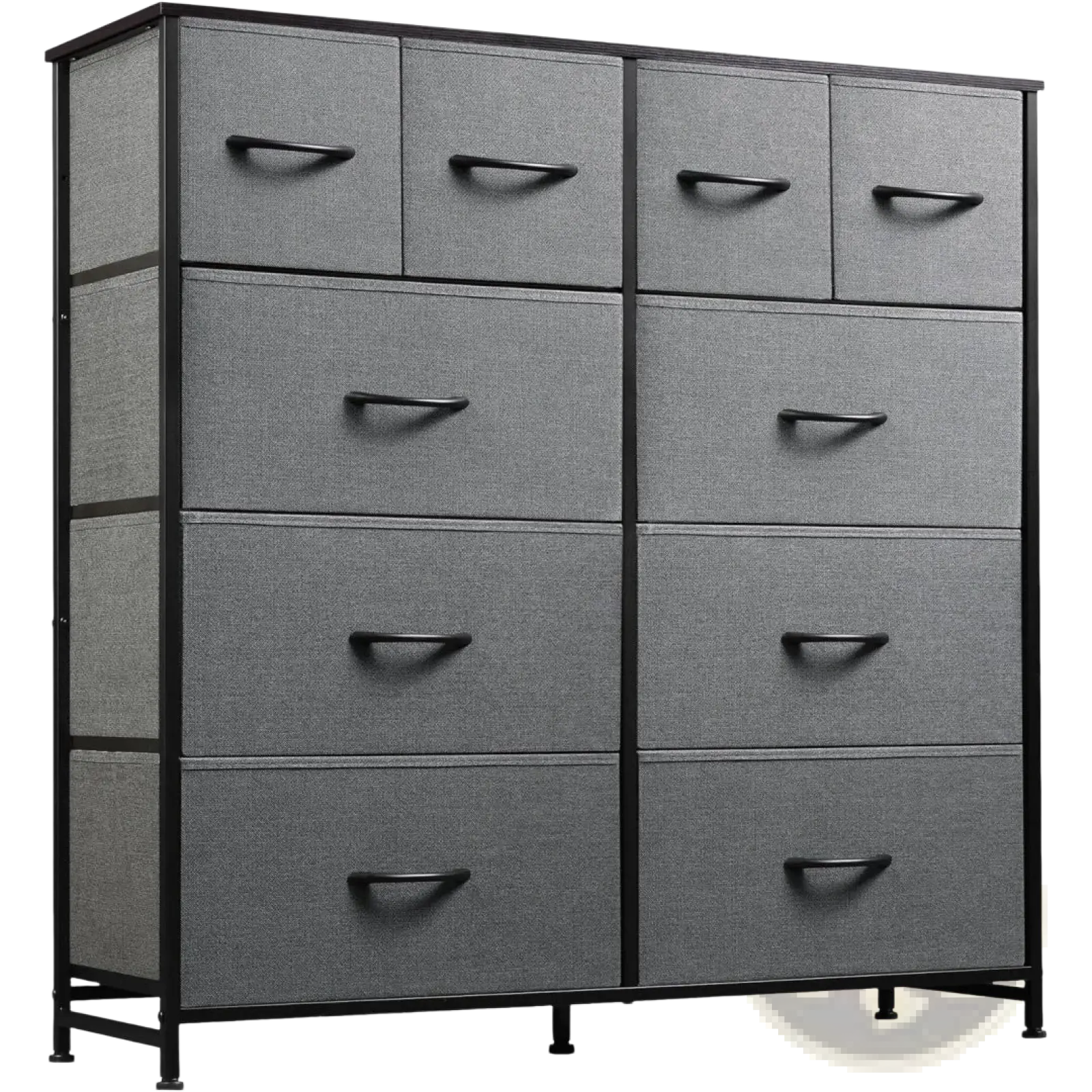 Gray fabric drawers with black metal frame and handles in a 10 drawer fabric dresser storage cabinet