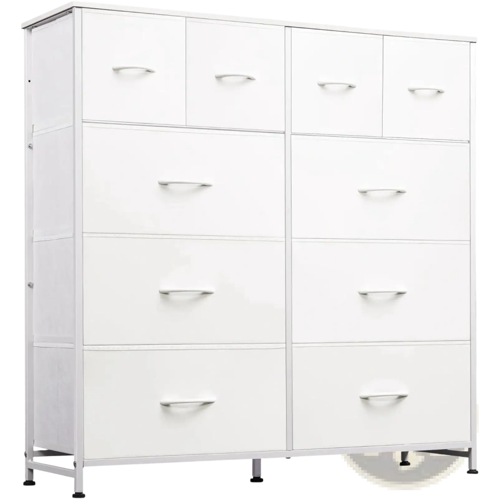 White dresser with eight drawers, sleek silver handles, and sturdy metal legs in a 10 drawer fabric storage cabinet