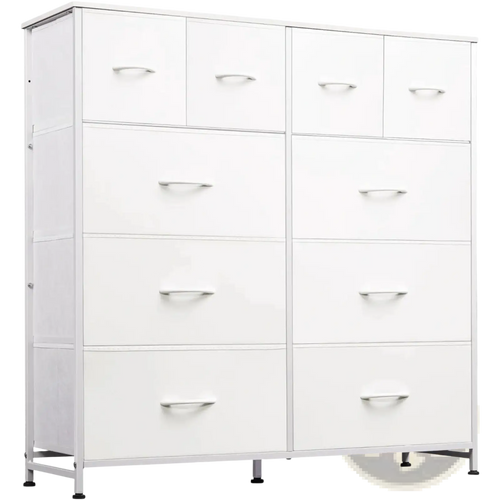 White dresser with eight drawers, sleek silver handles, and sturdy metal legs in a 10 drawer fabric storage cabinet