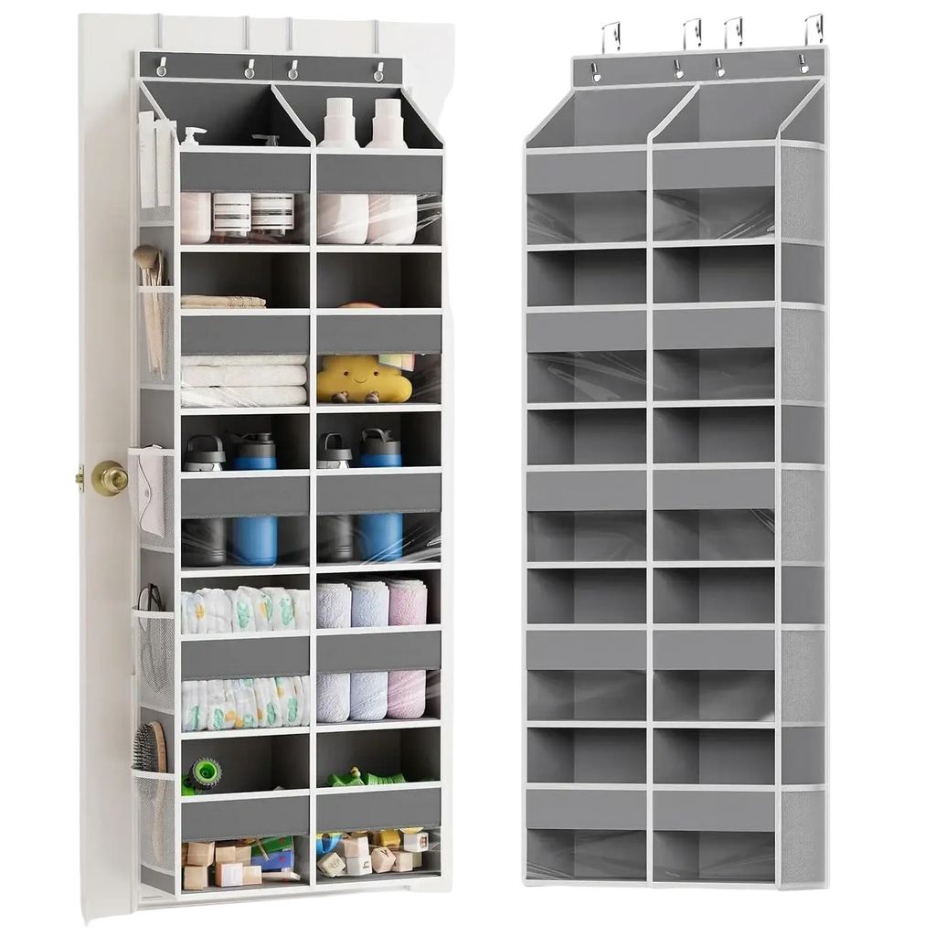 Gray 10-grid over door hanging organizer with multiple compartments and hanging hooks for efficient storage