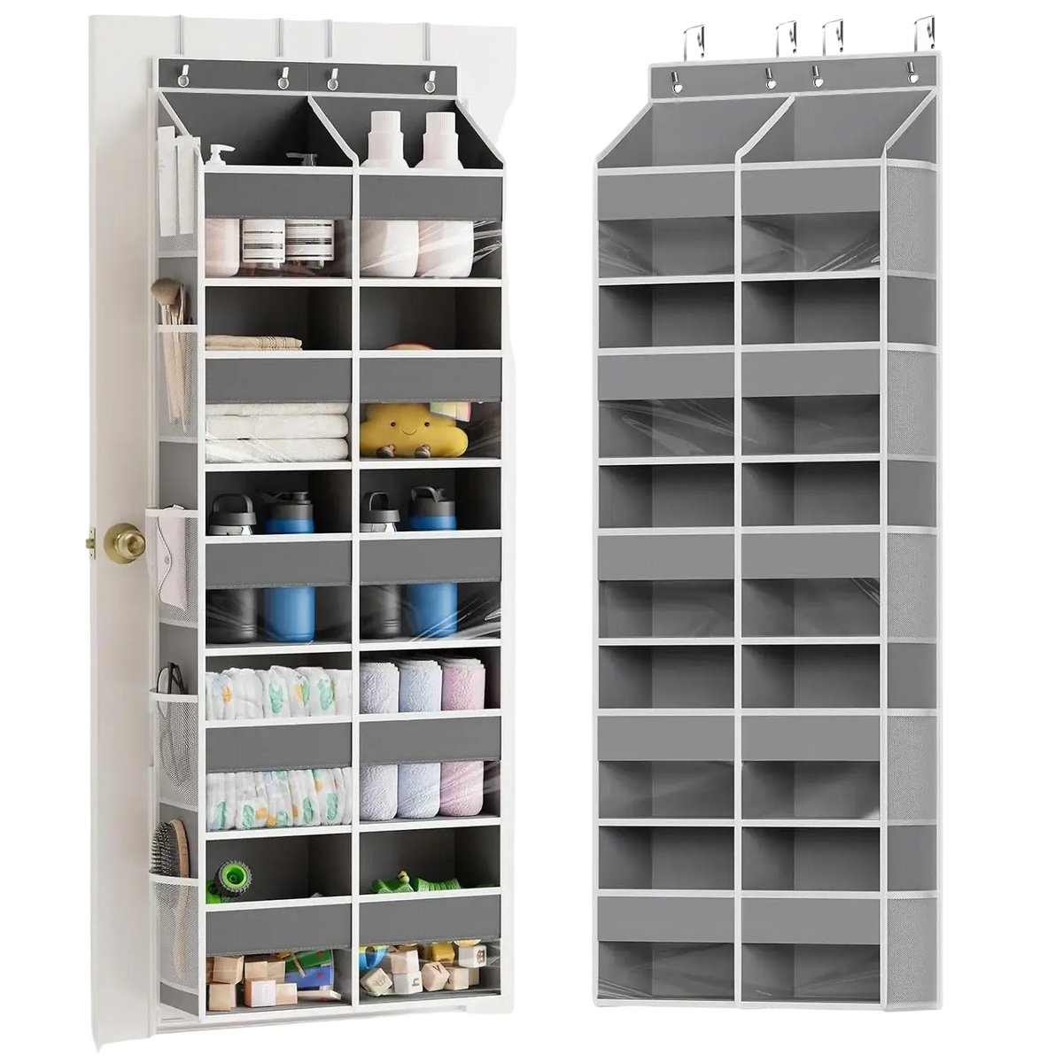 Gray 10-grid over door hanging organizer with multiple compartments and hanging hooks for efficient storage