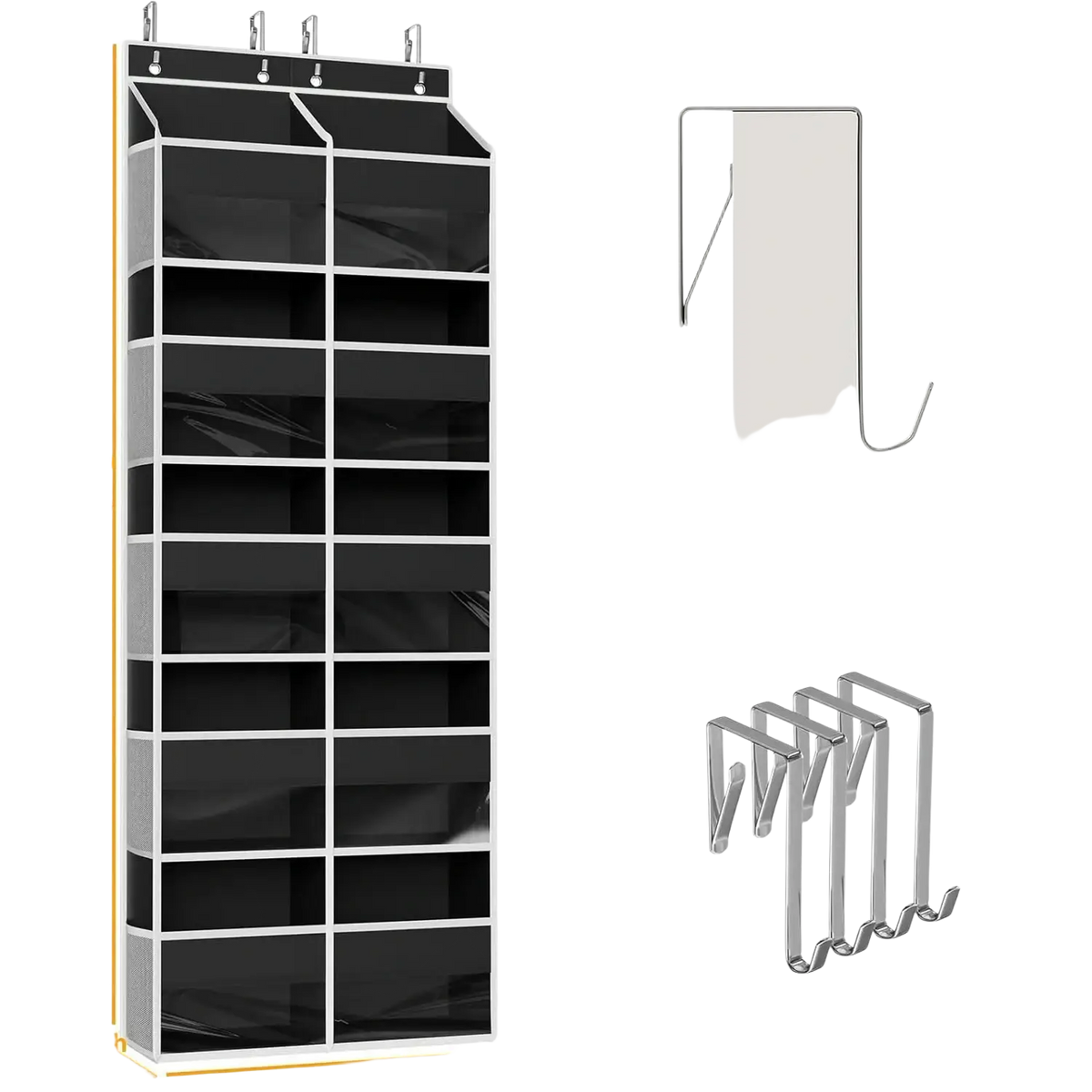 Black mesh 10-grid over door hanging shoe organizer with white trim and hooks for easy storage and access