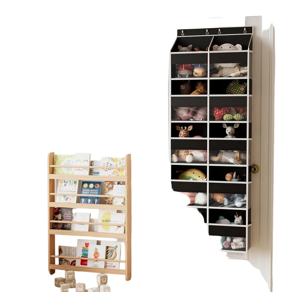 Black over-the-door shoe organizer with clear front windows and multiple compartments filled with stuffed animals