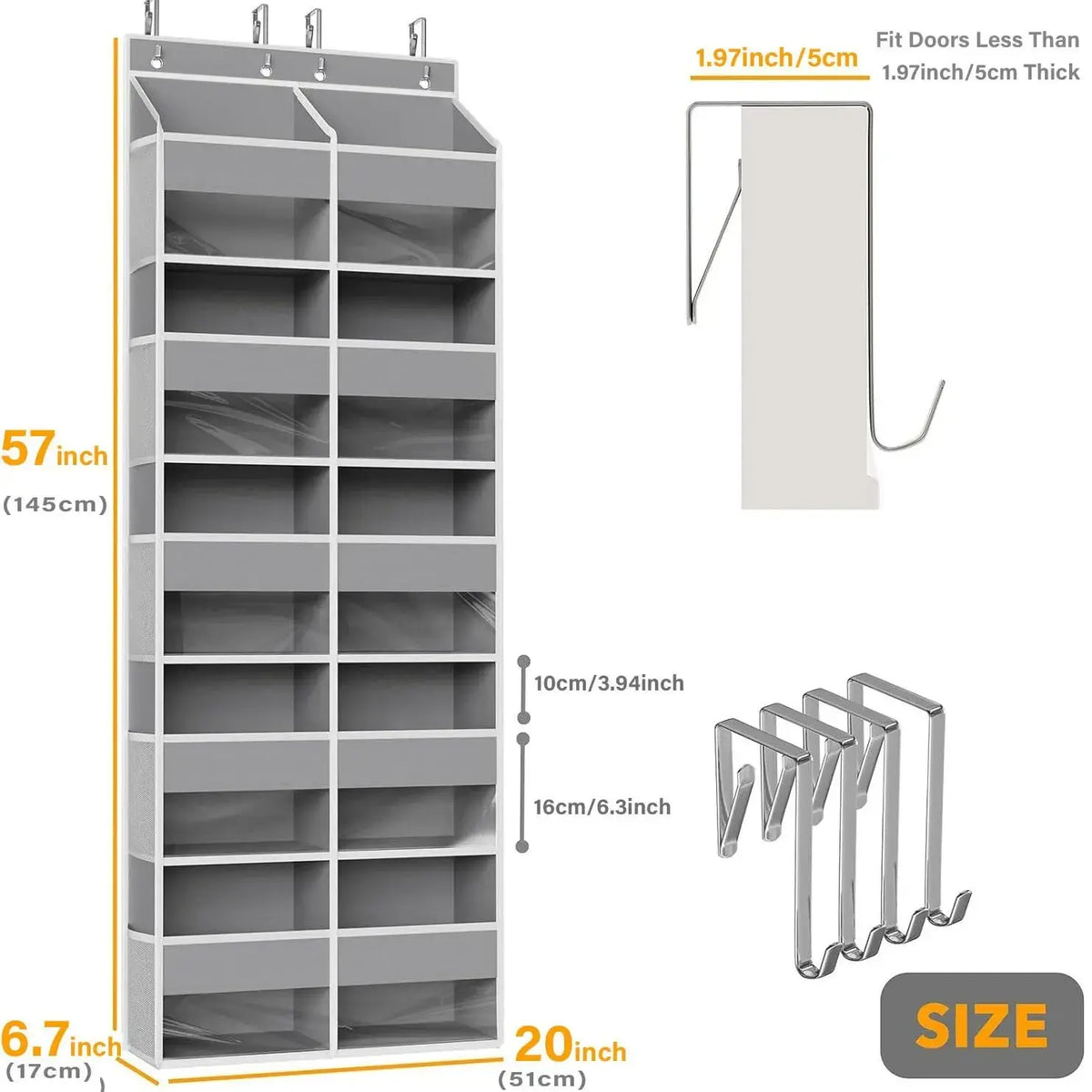 Gray fabric 10-grid over door hanging shoe organizer with multiple compartments and metal hooks for door mounting