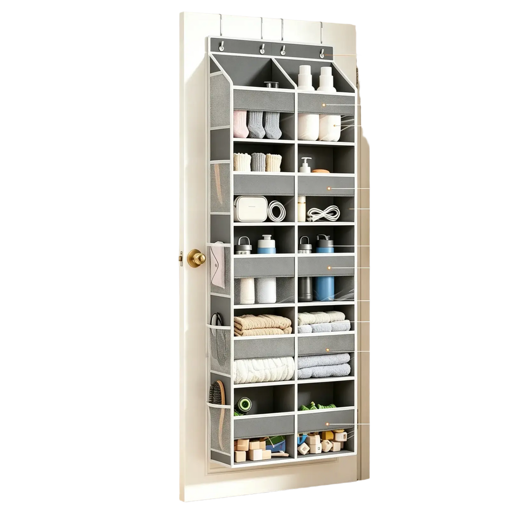 Gray mesh over the door organizer with 12 compartments for clothes socks underwear and small items in 10-grid design