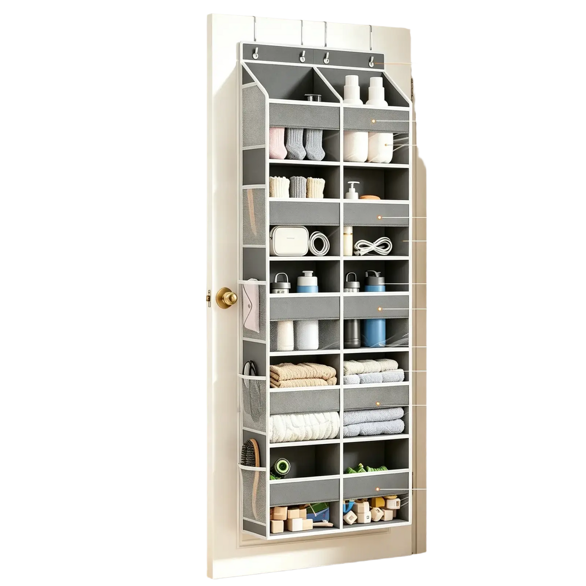 Gray mesh over the door organizer with 12 compartments for clothes socks underwear and small items in 10-grid design