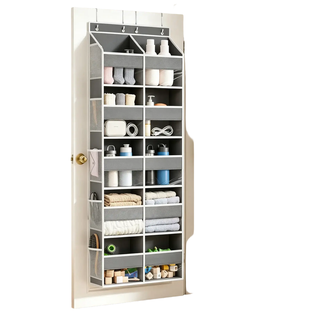 Gray mesh and plastic 10-grid over door hanging organizer with multiple compartments for socks towels and toiletries