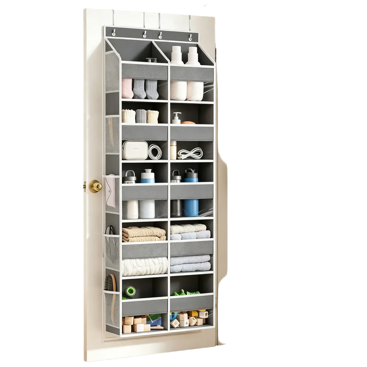 Gray mesh and plastic 10-grid over door hanging organizer with multiple compartments for socks towels and toiletries