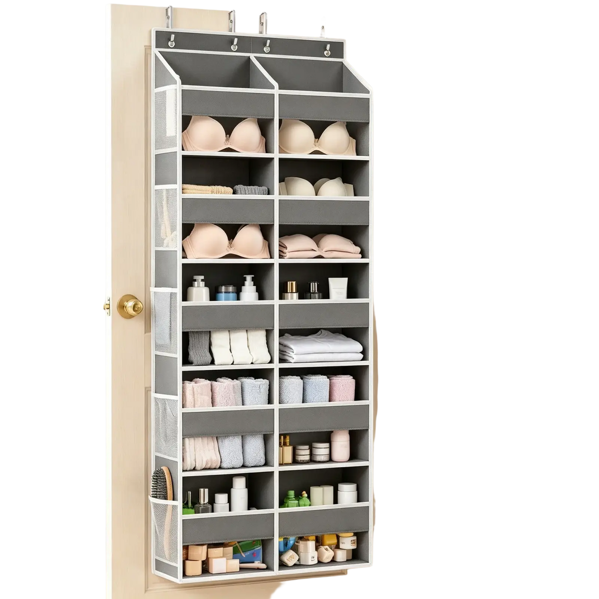 Gray and white over door hanging organizer with mesh pockets and shelves for bras towels toiletries and cosmetics