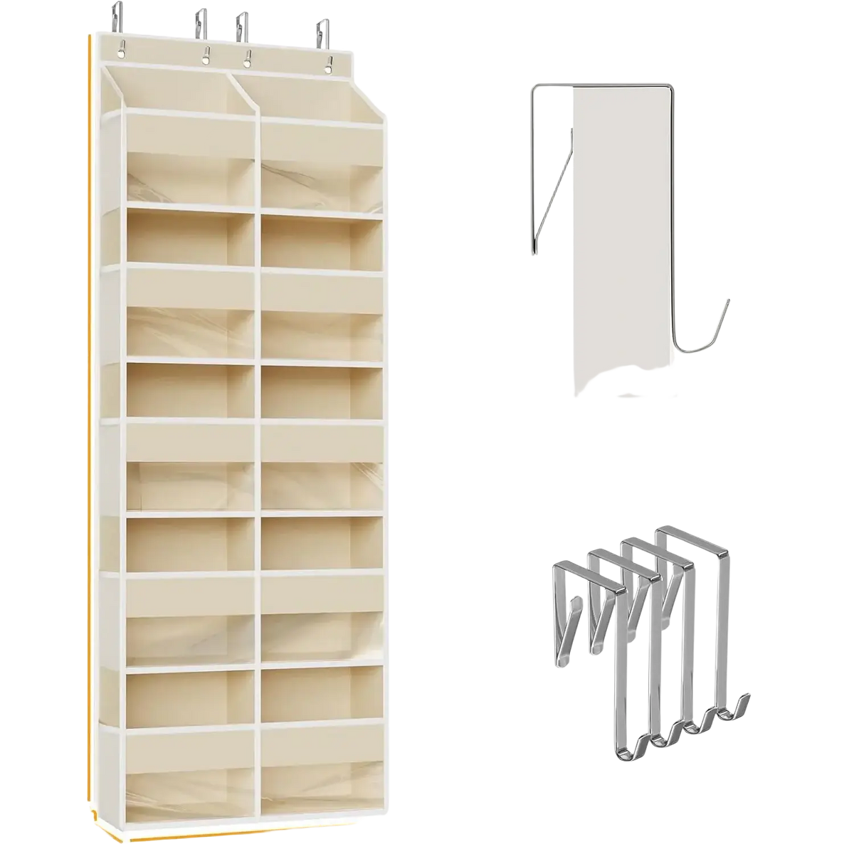 White fabric 10-grid over door hanging shoe organizer with metal hooks and multiple compartments for storage