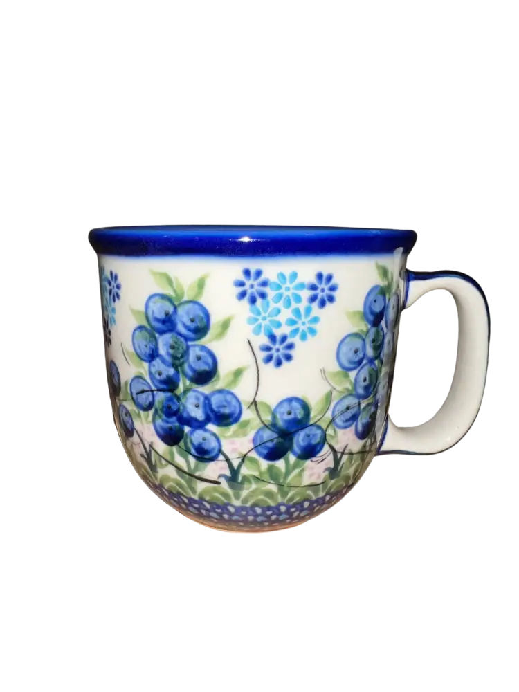 Hand-painted blueberry viking ceramic mug 10oz white with blue rim handle and floral blueberry design