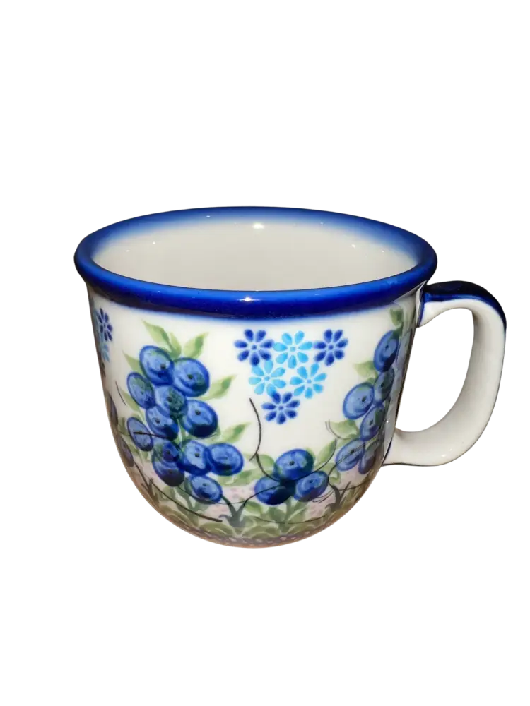 Hand-painted blueberry Viking ceramic mug 10oz with white ceramic body and blue rim handle featuring blueberry clusters