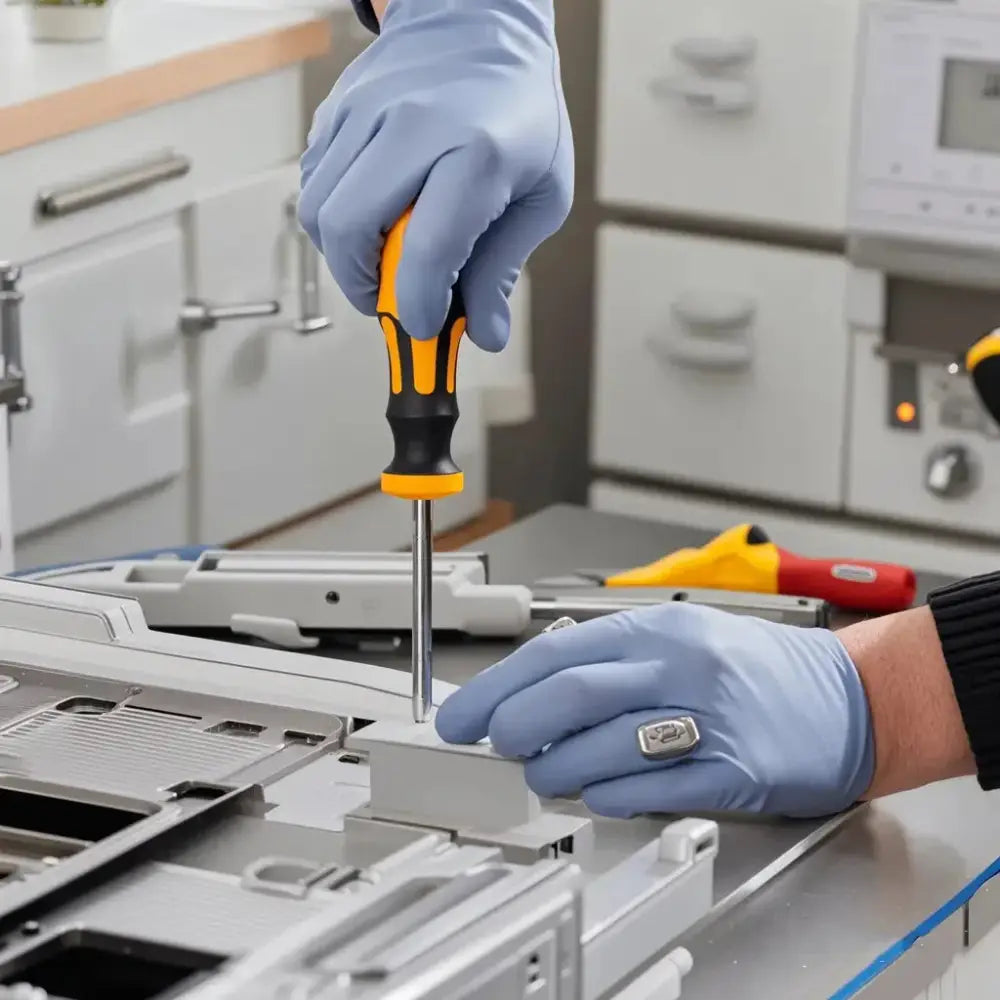 A hand wearing blue gloves holds a yellow and black ergonomic precision screwdriver poised for electronic repair
