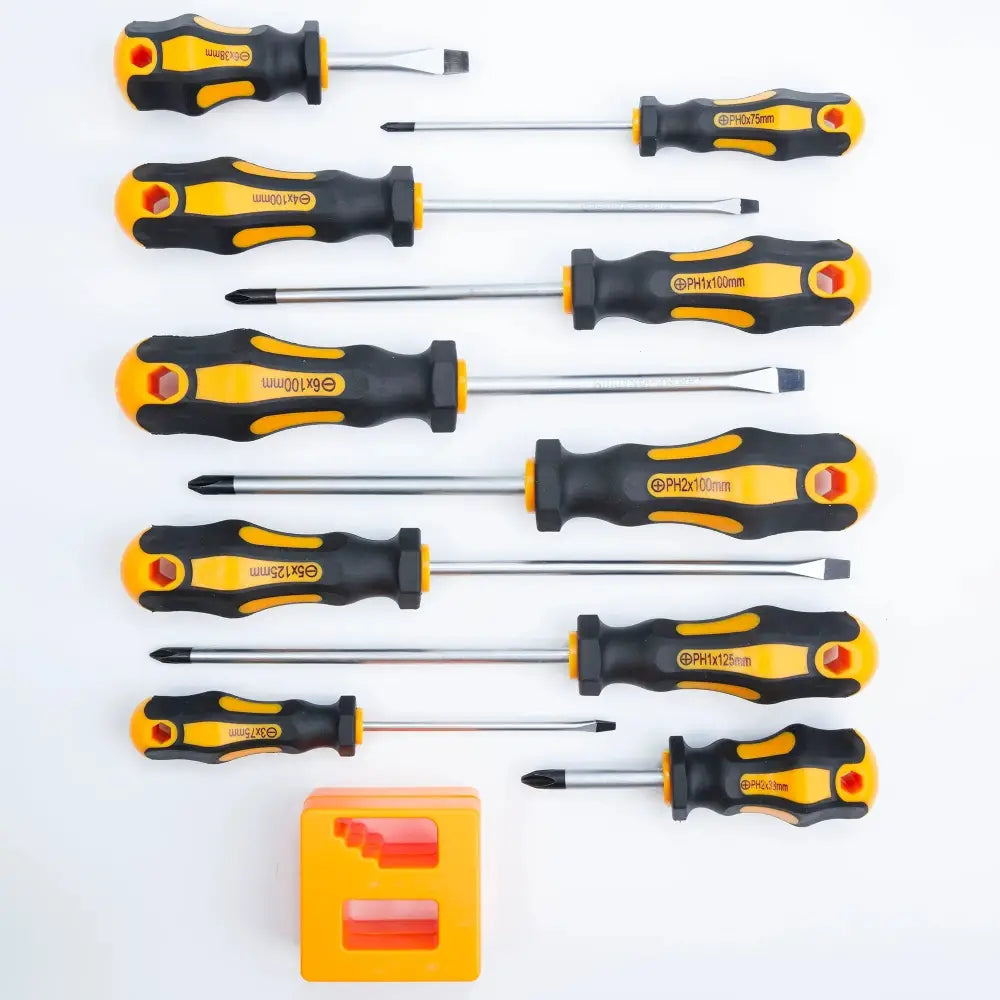 10 piece ergonomic precision screwdriver set with black and yellow handles and metallic shafts for home diy use