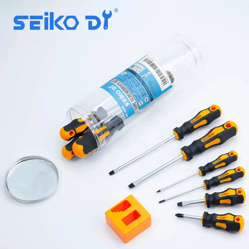 Set of six Seiko DIY screwdrivers with black and yellow ergonomic handles and silver metal shafts for precision work