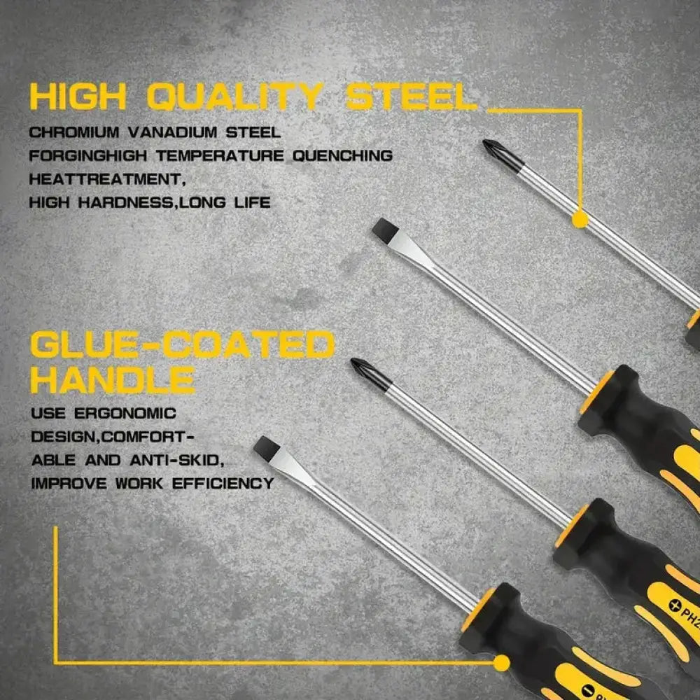 Set of three screwdrivers with black and yellow ergonomic handles and chrome vanadium steel shafts for home diy