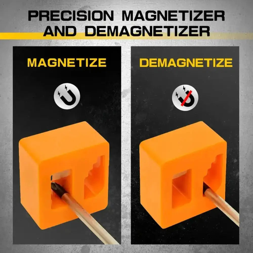 Orange plastic precision magnetizer and demagnetizer cube with screwdriver slot for 10 piece ergonomic precision screwdriver set for home diy