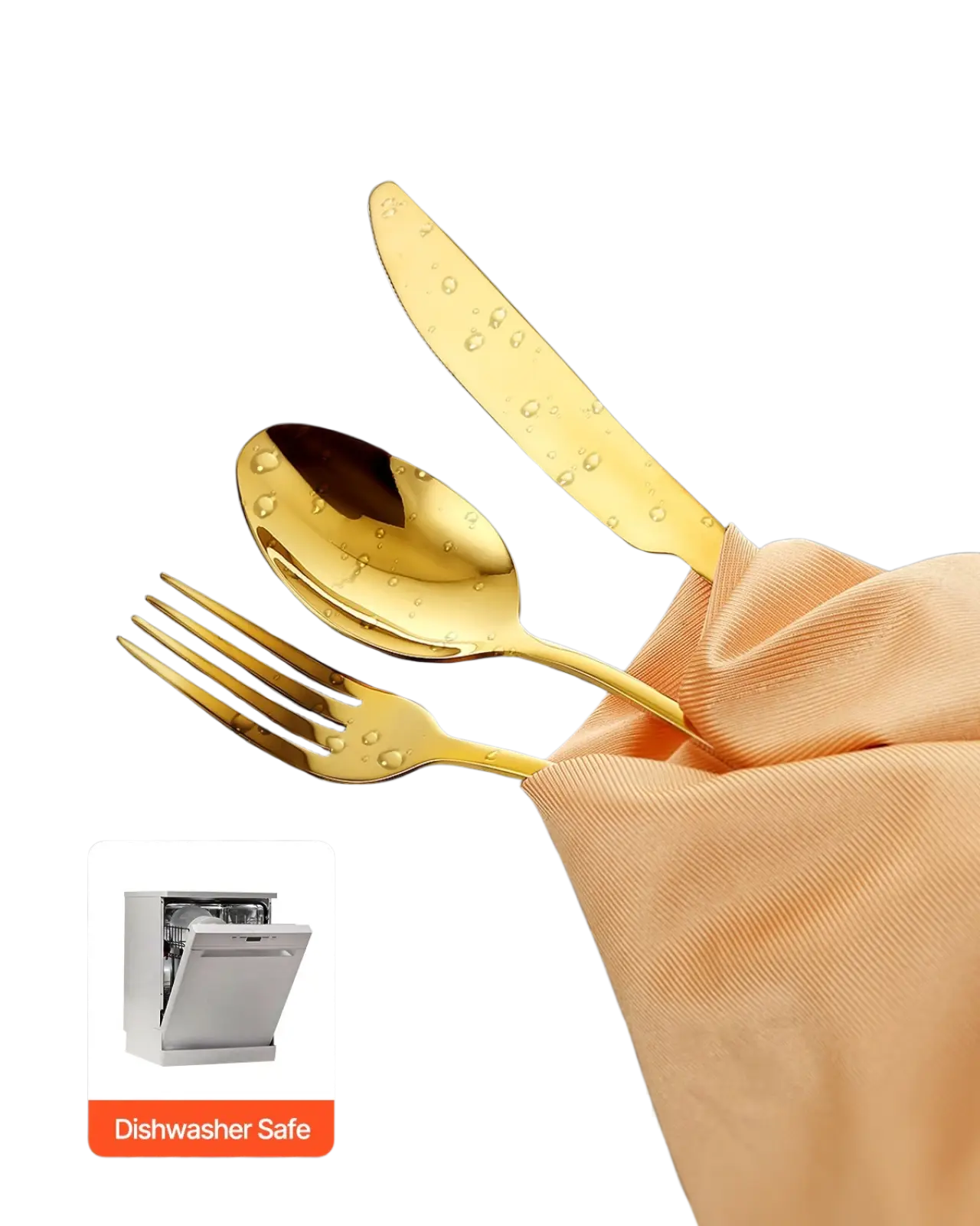 Gold stainless steel cutlery set with sleek modern design included in 100-piece silverware set for 20 users