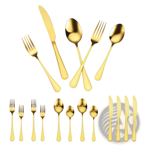 Gold stainless steel silverware set with 100 pieces featuring sleek modern design and polished finish for 20 people