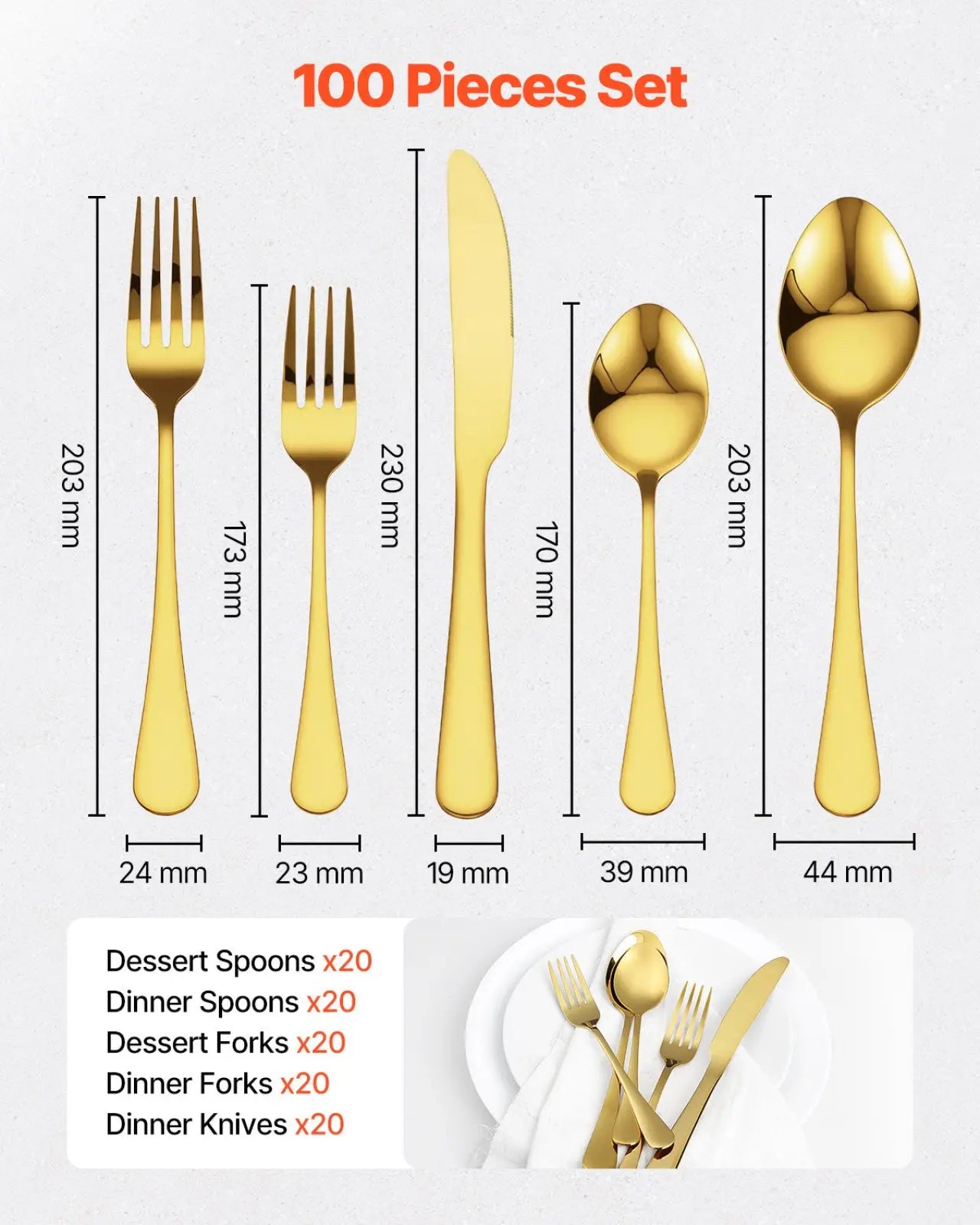 100-piece gold stainless steel silverware set with sleek forks spoons and knives for 20 people