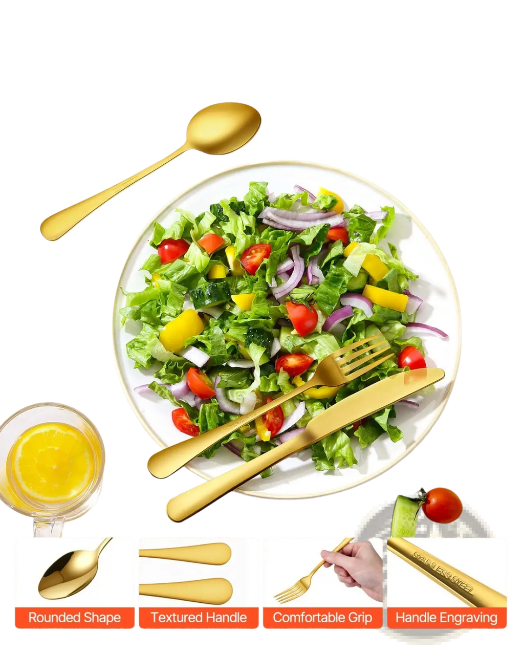 100-piece gold stainless steel silverware set with sleek rounded design and textured handles for 20 people