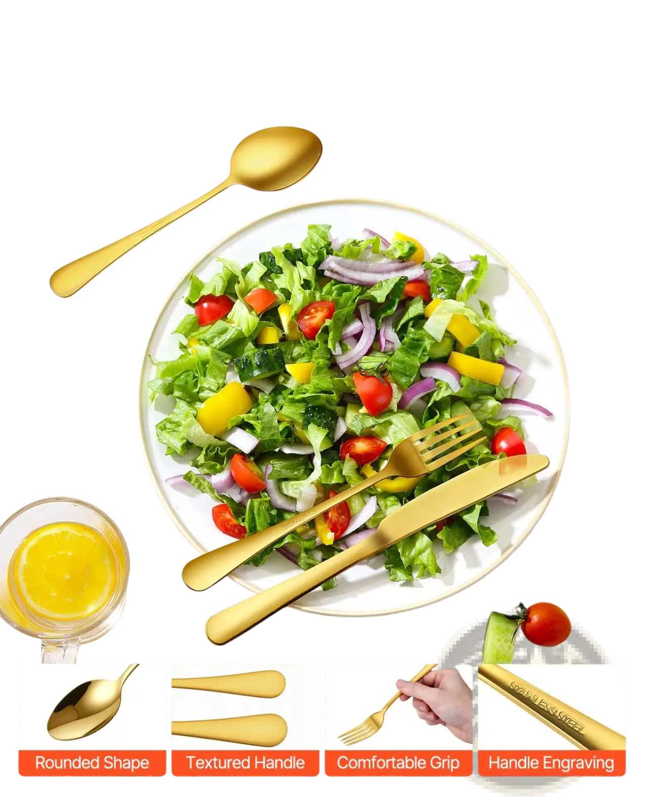 100-piece gold stainless steel silverware set with sleek rounded design and textured handles for 20 people