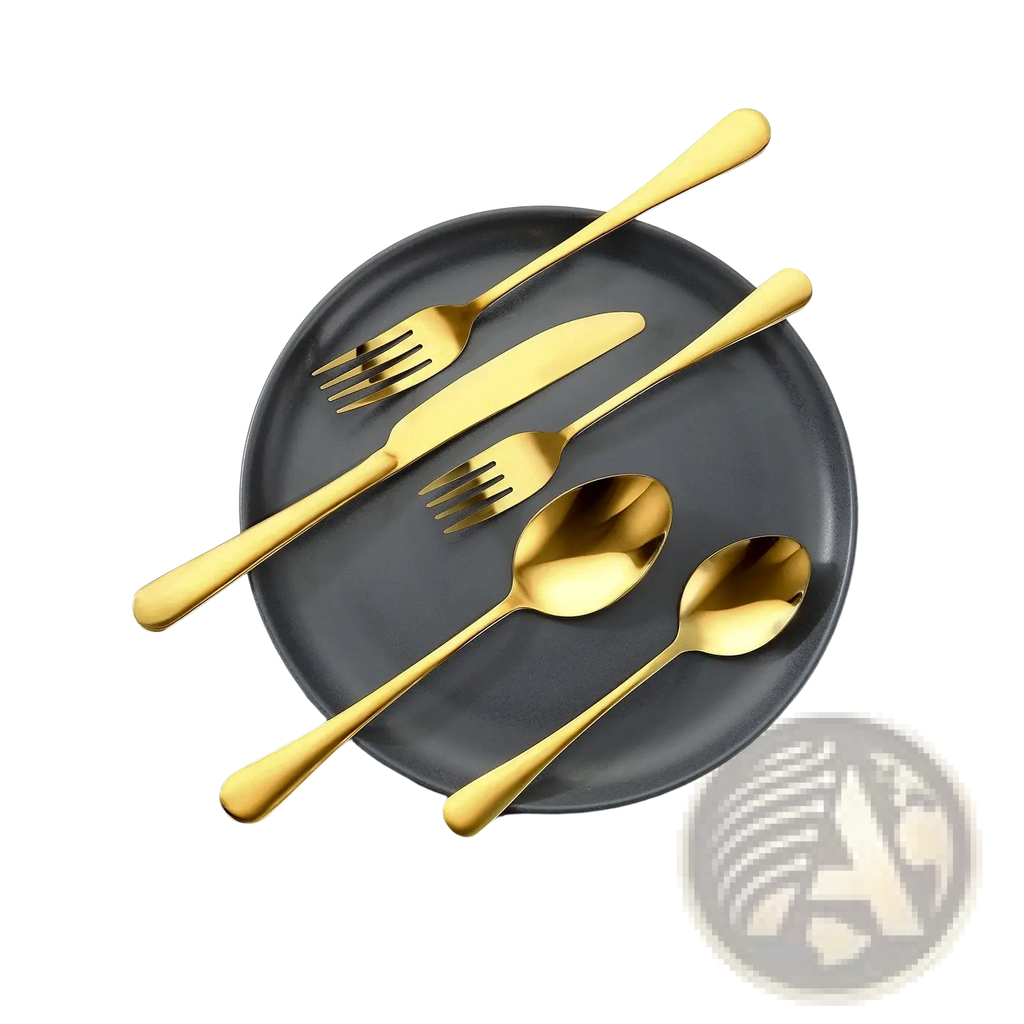 Gold stainless steel cutlery set with two forks one knife and two spoons on dark gray plate for 20 people