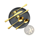 Gold stainless steel cutlery set with two forks one knife and two spoons on dark gray plate for 20 people