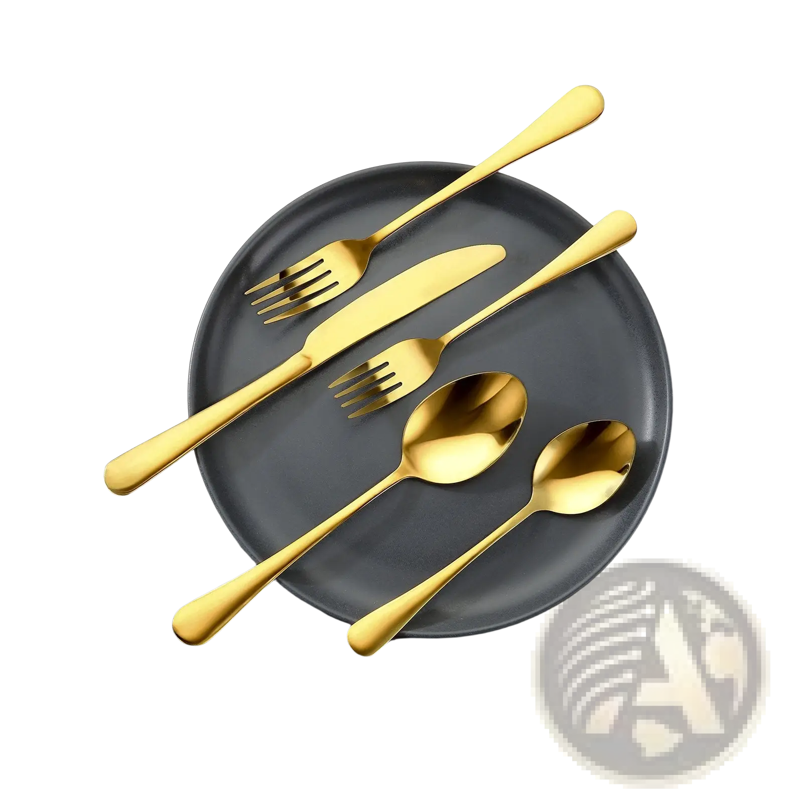Gold stainless steel cutlery set with two forks one knife and two spoons on dark gray plate for 20 people