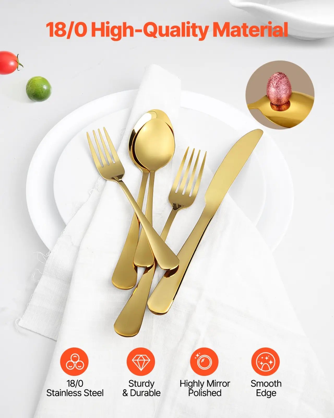 100-piece gold 18/0 stainless steel silverware set with highly mirror-polished finish and smooth edges for 20