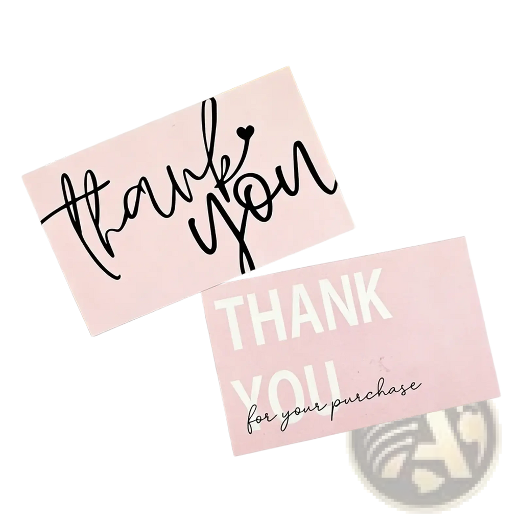 Pink small business thank you cards featuring black cursive script and white block letters on durable cardstock