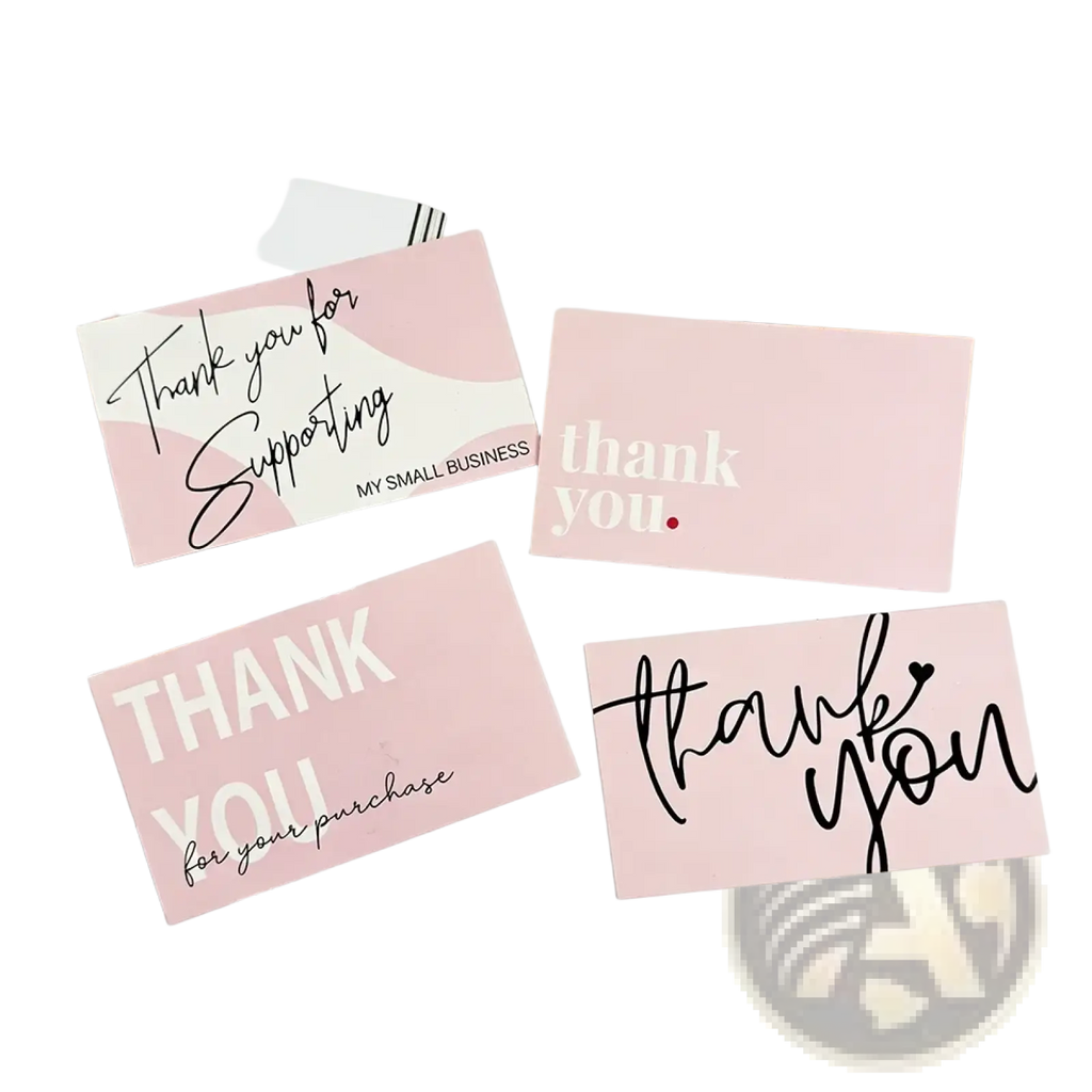 Pink small business thank you cards featuring elegant black and white typography for professional appreciation